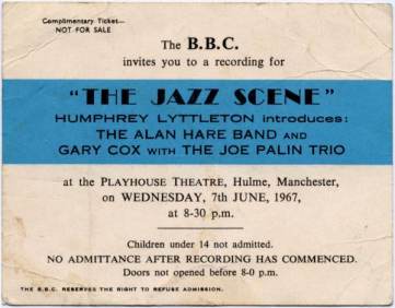Ticket for The Alan Hare Band - BBC Playhouse Theatre Manchester 7th June, 1967